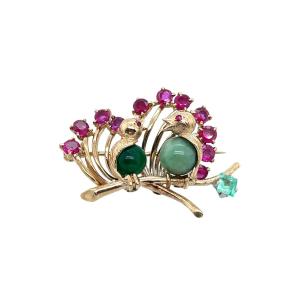 Vintage Love Bird Brooch In Ruby, Emerald, Beryl And Jade, Set In 9 Carat Yellow Gold