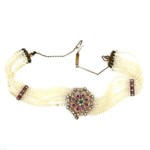 Vintage 6 Row 2.2mm Seed Pearl Necklace With 9c Emerald And Ruby Pendant 