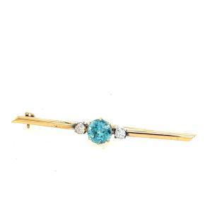 18k Yellow And White Gold Bar Brooch With Blue Topaz And Round Diamonds