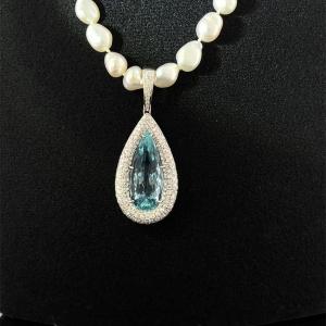Vintage 17.80ct Aquamarine Pendant & Cultured Pearls Necklace