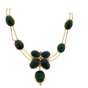 Antique 18ct Yellow Gold Scarab Beetle Necklace With Rose-cut Diamonds – 15"