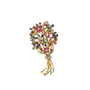 Flower Bouquet Brooch With Multicolored Gemstones In Vintage 18k Yellow Gold