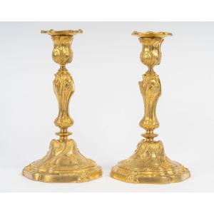 Pair Of Louis XV Style Gilt Bronze Candlesticks