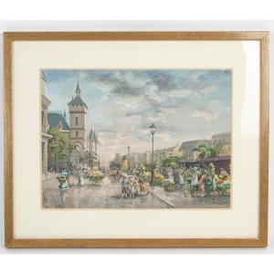 The Flower Market, Watercolor Signed Léon Godinnet 