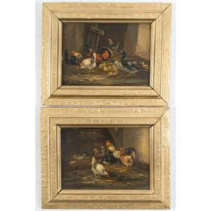 Farmyards, A Pair Of Oil Paintings On Panels Signed Guilleminet