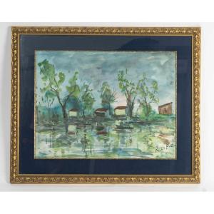Riverside, Watercolor Signed Roland Dubuc