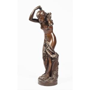 Young Girl At Her Toilet, Bronze Signed Baujault