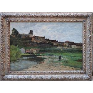 Edmond Petitjean (1844-1925), A Washerwoman In Front Of Moret Sur Loing (?)