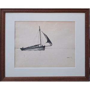 Pierre Agnès (1898-1964), Sailboat In The Wind, Graphite And Charcoal