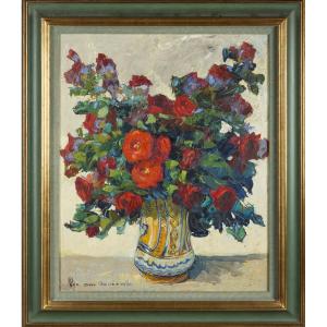 Jacques Van Den Bussche (1925-2001), Bouquet Of Red Roses In An Albarello