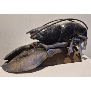 Bruno Ronzier (20th Century), Blue Lobster On Tile, Unique Piece