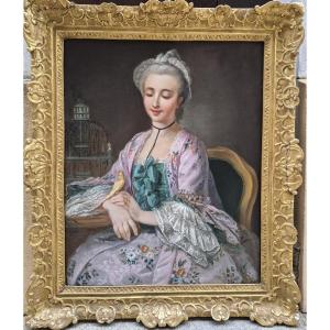 French School, 18th Century, Portrait Of A Woman With A Bird