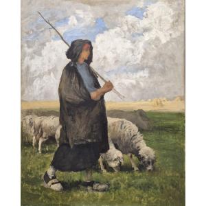 19th Century French School, Shepherdess And Her Sheep, Barbizon
