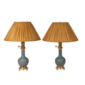 Pair Of Lamps In Celadon Porcelain And Bronze, Circa 1880, Ls5543798a