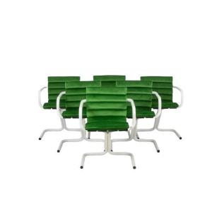 Series Of 6 Armchairs In White Lacquered Metal And Velvet. 1970s.