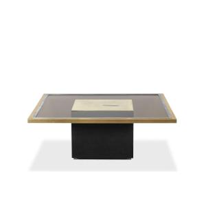 Coffee Table In Golden Brass And Smoked Glass. 1970s.
