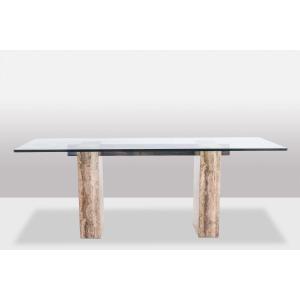 Console, Or Desk, In Glass And Travertine. 1980s. Ls5849657c