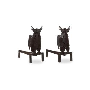 Pair Of Iron Andirons, Representing An Owl. 1950s.