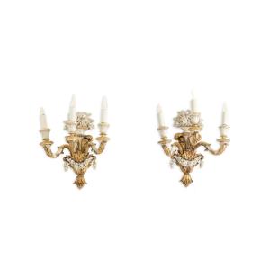 Pair Of Louis XVI Style Wall Lights In Gilded And Lacquered Wood. Circa 1900. Ls5266457u