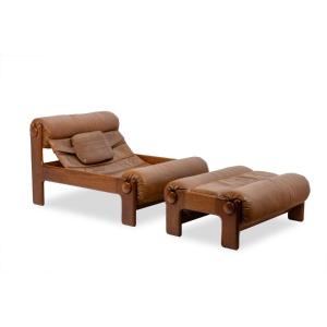 Lounge Chair And Ottoman In Blond Elm And Leather 1970s . Ls61501217