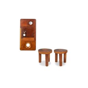 Stools, And Wall Lamp In Cherry Wood And Leather. 1970s Ls65194093