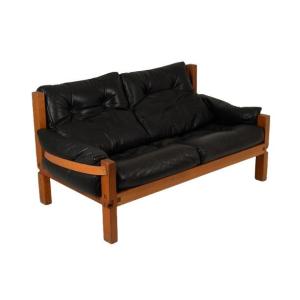 Pierre Chapo. S22 Two-seater Sofa, In Elm And Black Leather. 1970 Ls6739