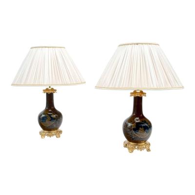Pair Of Japanese Style Brown And Blue Porcelain Lamps, Late 19th Century - Ls3521651