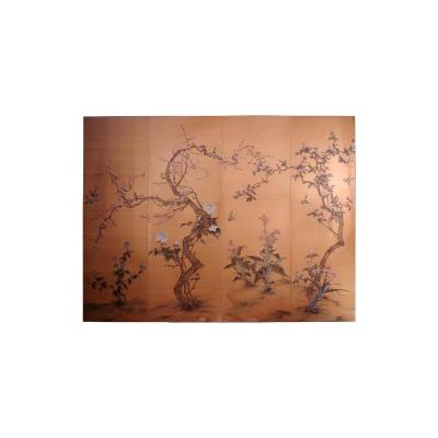 Silk Painted Panel With Flowers And Birds Decor, Japanese Work, Around 1900 - Ls29652301