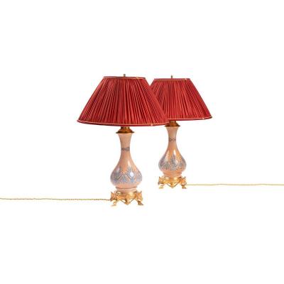 Pair Of Gothic Revival Style Opaline Lamps And Gilt Bronze, Circa 1890 - Ls3388621