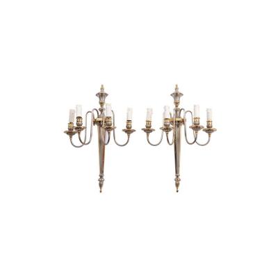 Maison Jansen, Pair Of Directoire Style Wall Sconces In Gilt And Silver Brass, 1970s - Ls1742321