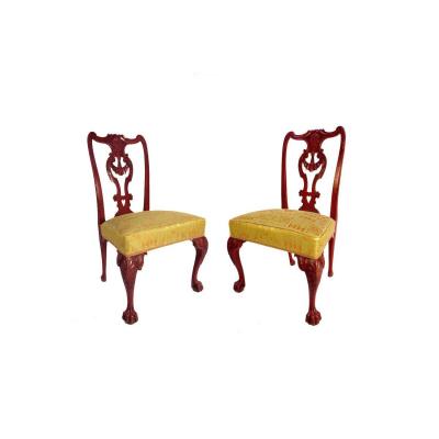 Pair Of Chippendale Style Chairs In Red Lacquered Wood, Circa 1880 - Ls3049861