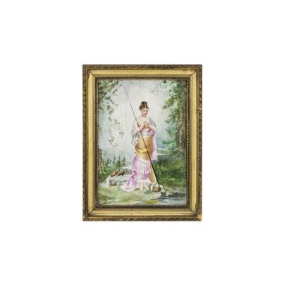 Painted Porcelain Plate Figuring A Fisherwoman, 19th Century - Ls2416111