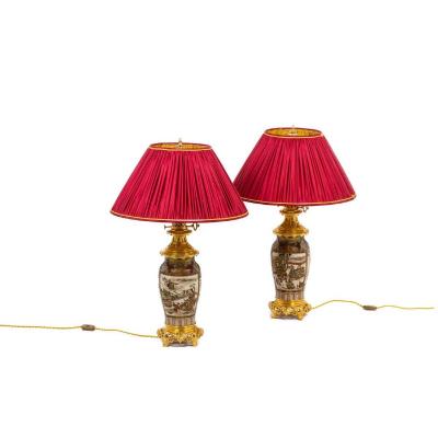 Pair Of Fine Earthenware Lamps From Satsuma, Circa 1880