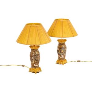 Pair Of Satsuma Earthenware And Gilded Bronze Lamps, Circa 1880, Ls4632841