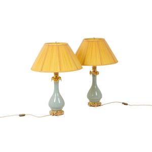 Pair Of Lamps In Porcelain Of Céladon And Bronze, Circa 1880, Ls4600722