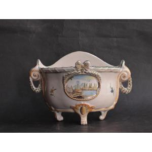 Marseille Earthenware Flower Pot Decorated With An Animated Landscape. Around 1775-1785