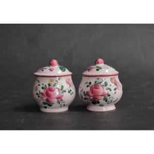 Pair Of Earthenware Juice Jugs From Moustiers, 18th Century.