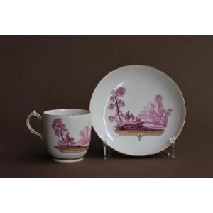 Cup And Saucer In Tournai Porcelain, Decor In Purple Camaieu Landscape. Marked, 18th