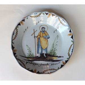 Nevers Earthenware Plate Representing Saint Philip, 18th Century.