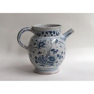 Paris Earthenware "chevrette" With Blue Monochrome Decoration. Late 17th Or Early 18th Century.
