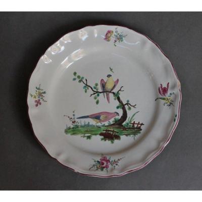 Rouen Earthenware Plate Decorated With Branched Birds In Small Fire. Eighteenth Century.