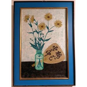 Japanese Still Life With Tournesols And Evantail By Peter Orlando