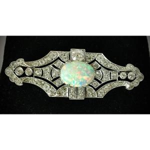 Art Deco Plate Brooch Opal Cabochon Diamonds On Platinum