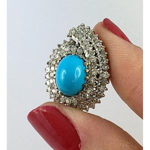 Pear Shape Ring Turquoise Cabochon Double Entourage Diamonds On White Gold