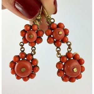 Italian Dormeuse Dangling Earrings With Coral Buttons On Yellow Gold