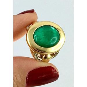Emerald Ring From Colombia Cabochon And Arcs Paved With Diamonds On Yellow Gold