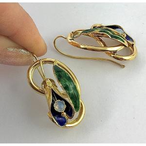 Art Nouveau Opal Floral Drop Earrings Enamel On Yellow Gold