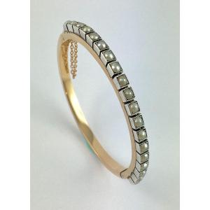 Napoleon III Fine Pearl Opening Bangle Bracelet On Silver And Rose Gold