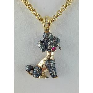 Yellow And Blackened Gold Poodle Pendant With Diamonds And Red Stone