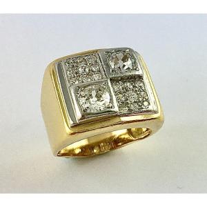 Tank Ring Signet Ring With Diamonds In Checkerboard Pattern On Platinum And Yellow Gold